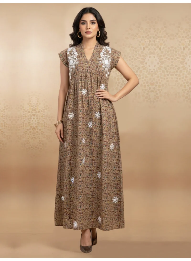 Alaya Women Printed Embroidered Cotton Jalabiya with Cap Sleeves-AL3697C